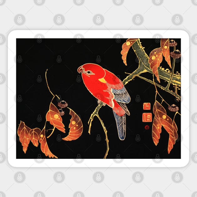 RED PARROT ON A BRANCH OF A TREE Antique Japanese Floral Sticker by BulganLumini